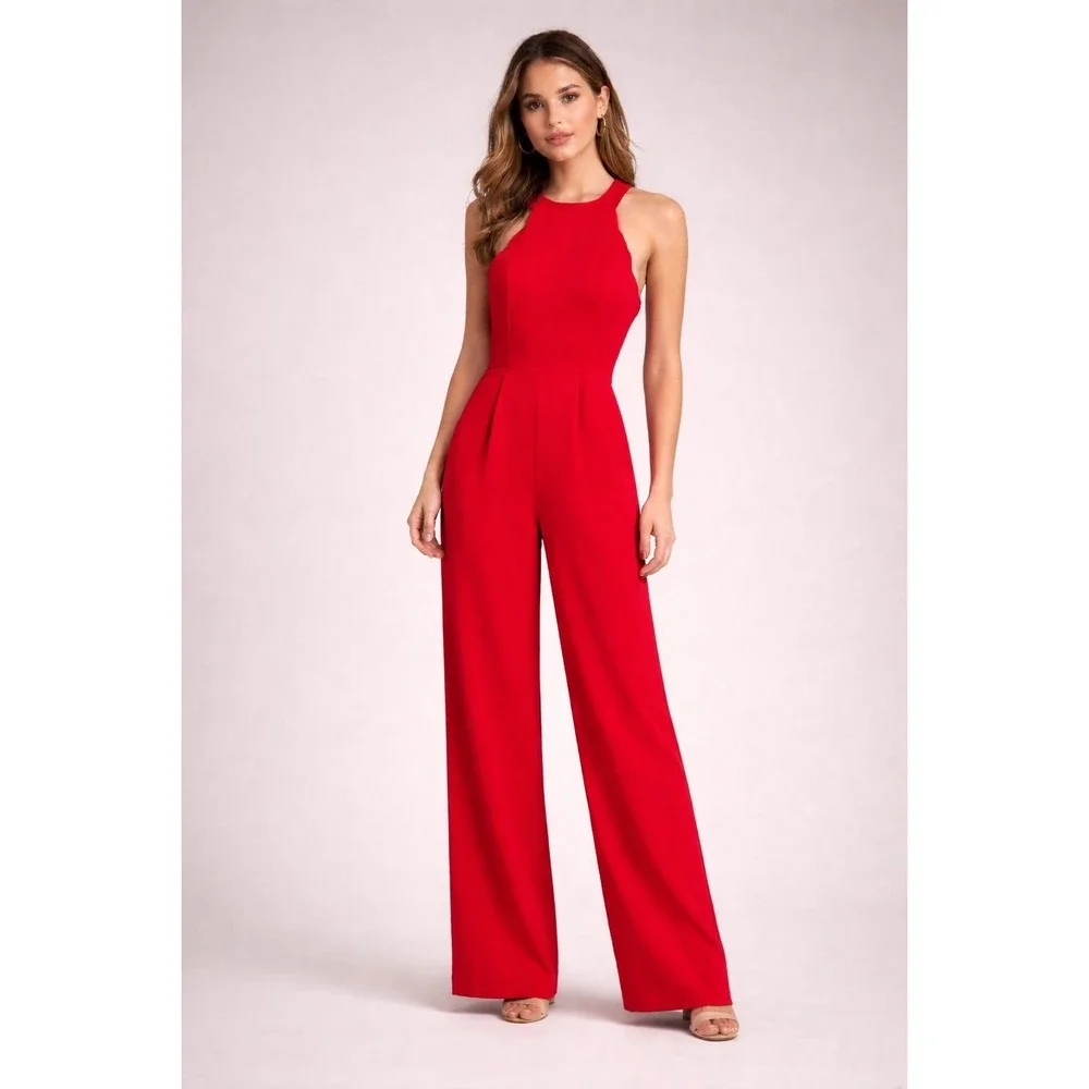 Red Halter Wide-Leg Jumpsuit - Picture 1 of 7